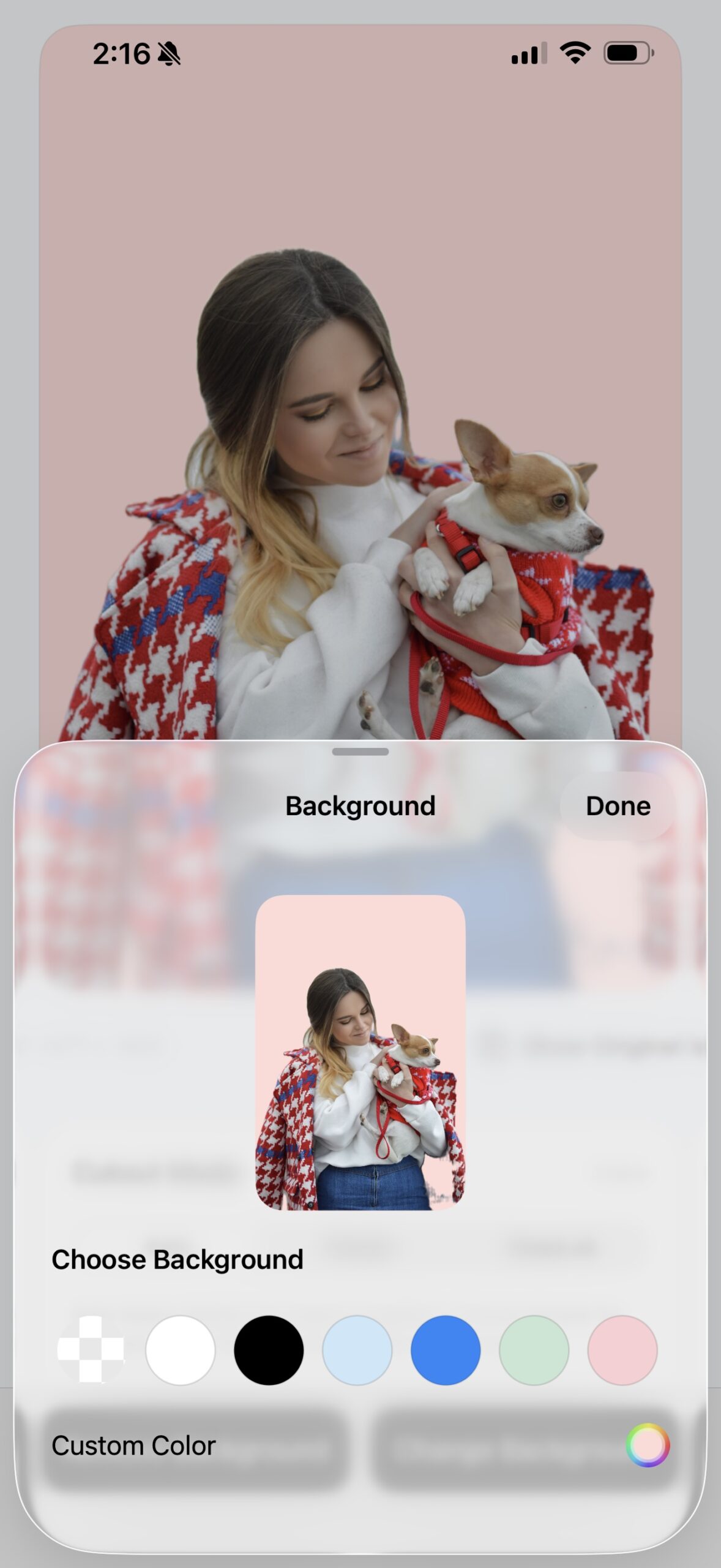 Native color picker with a pink background preview