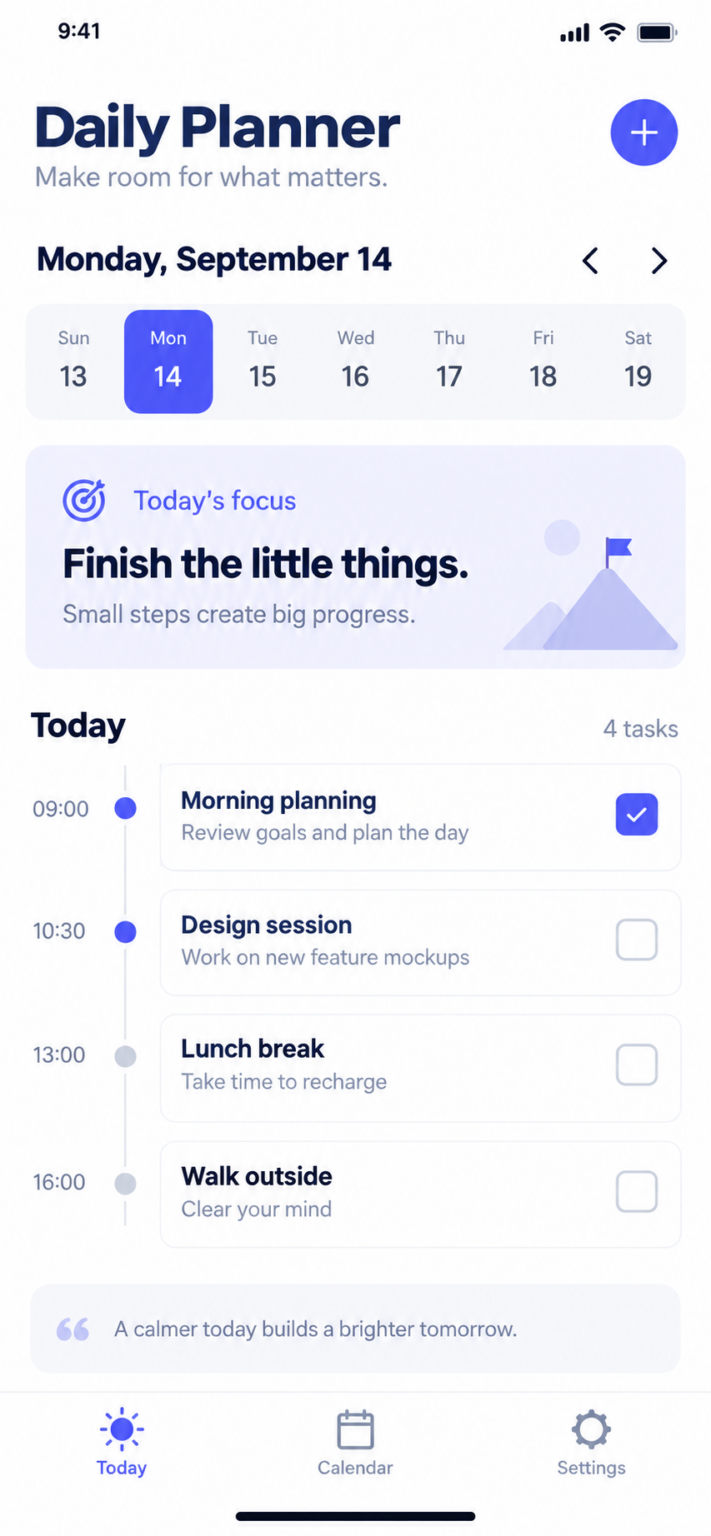 Daily Planner concept screenshot showing a weekly calendar and daily task timeline