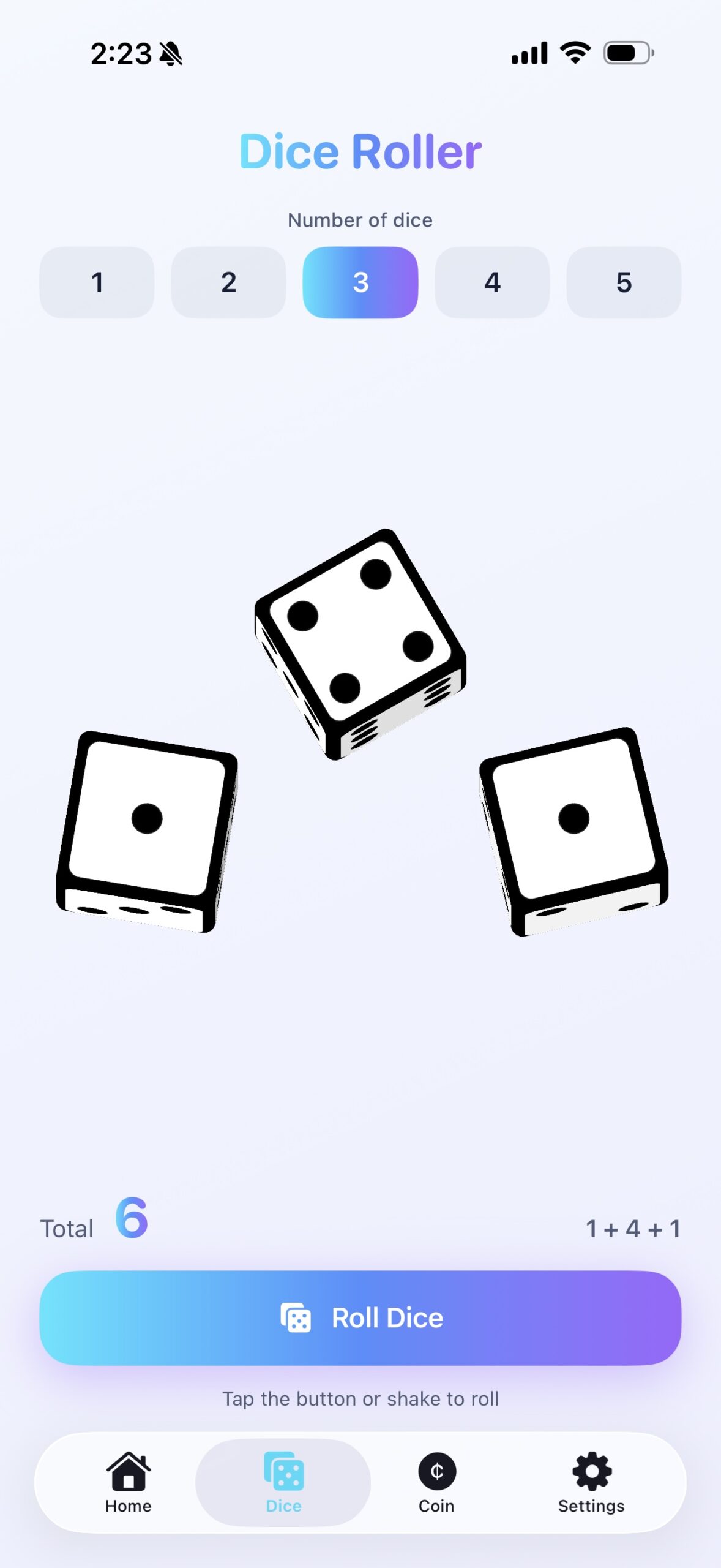 DiceCoin 3D dice roller with three dice, a total of six, and controls for one to five dice