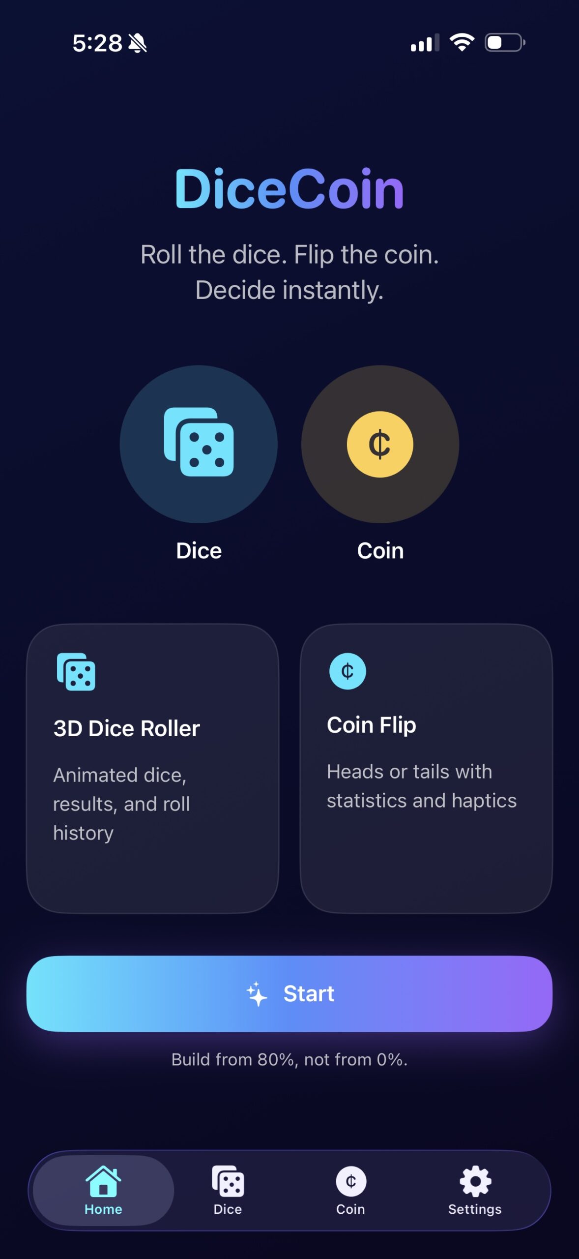DiceCoin home screen with dice rolling and coin flipping options