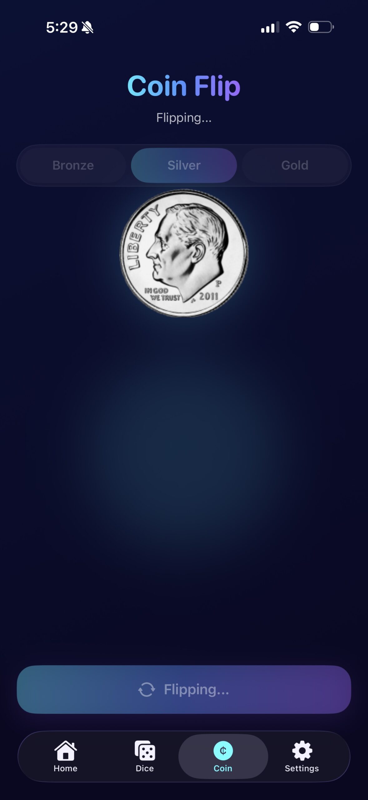 DiceCoin silver coin flip preview in dark mode