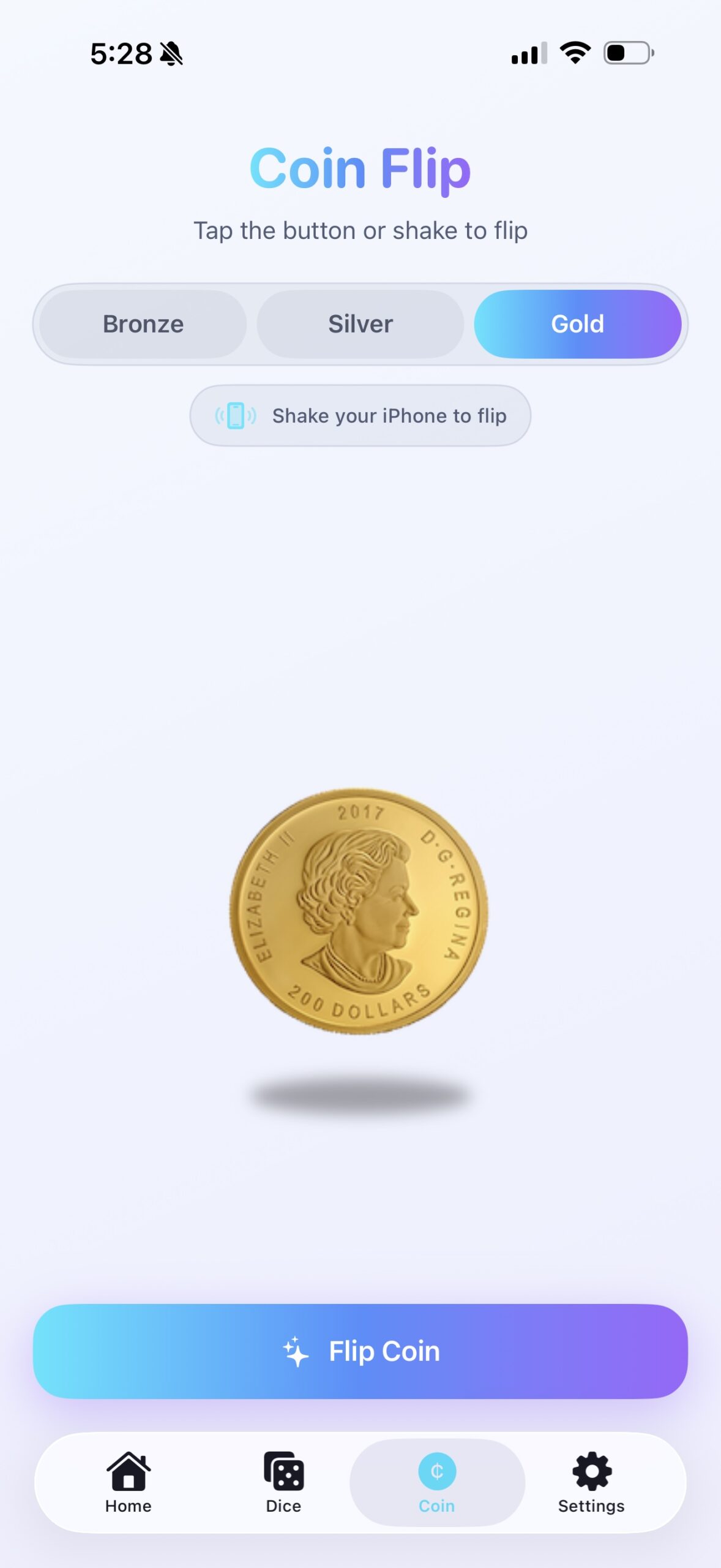 DiceCoin gold coin flip preview in light mode
